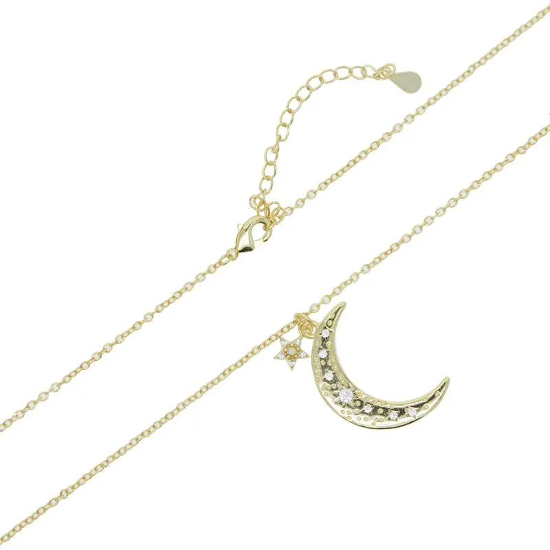 Nytt bröllopshalsband Crescent Moon Star Charm Dainty Delicate Women Jewelry Gold Plated Opal CZ Stone Söta härliga modehalsband
