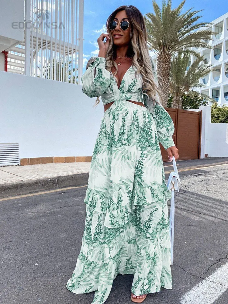 Summer Women Sexy Maxi Dress V Neck Backless Hollow Out Lantern Sleeve Club Party Long Dresses Female Tunic Beach Cover Up 220510