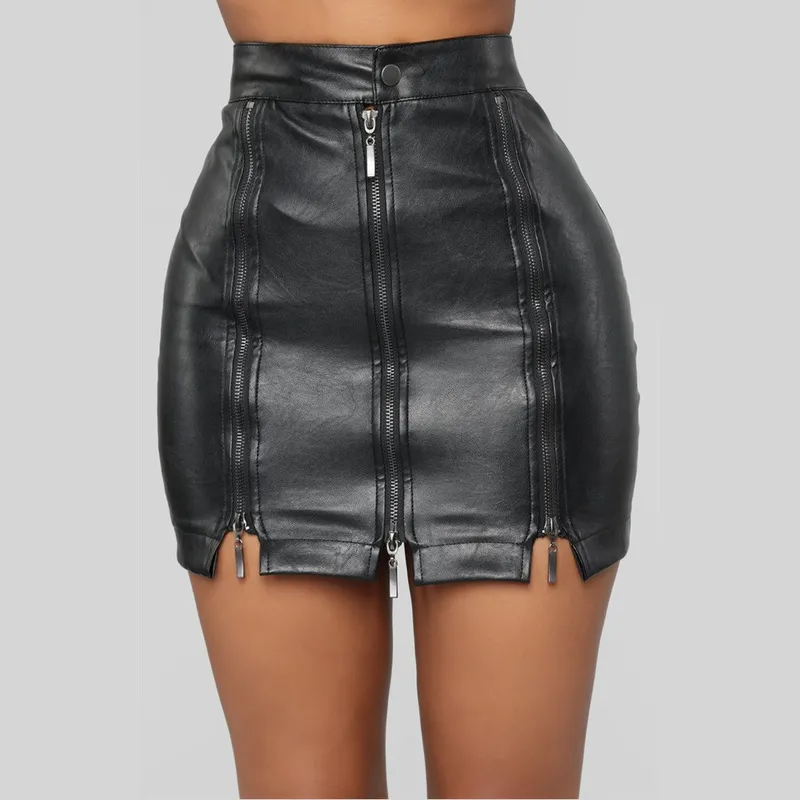 Faux PU Läder Sexig Mini Skirt's Plus Size High Waist Zipper Stitching Black Tight Girls BSQ031 220322