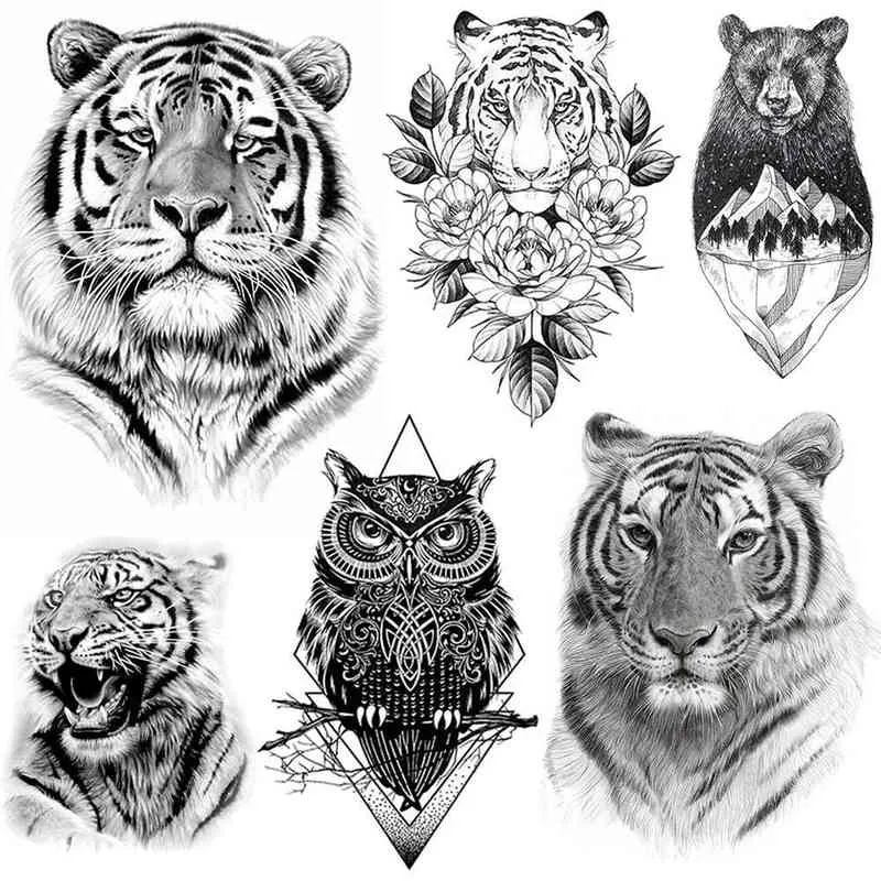 NXY Temporary Tattoo Tigerish Beast of King Realistic Tiger Tatoo Paste for Men Women Adult Body Art Fake Sketch Bear Sticker 0330