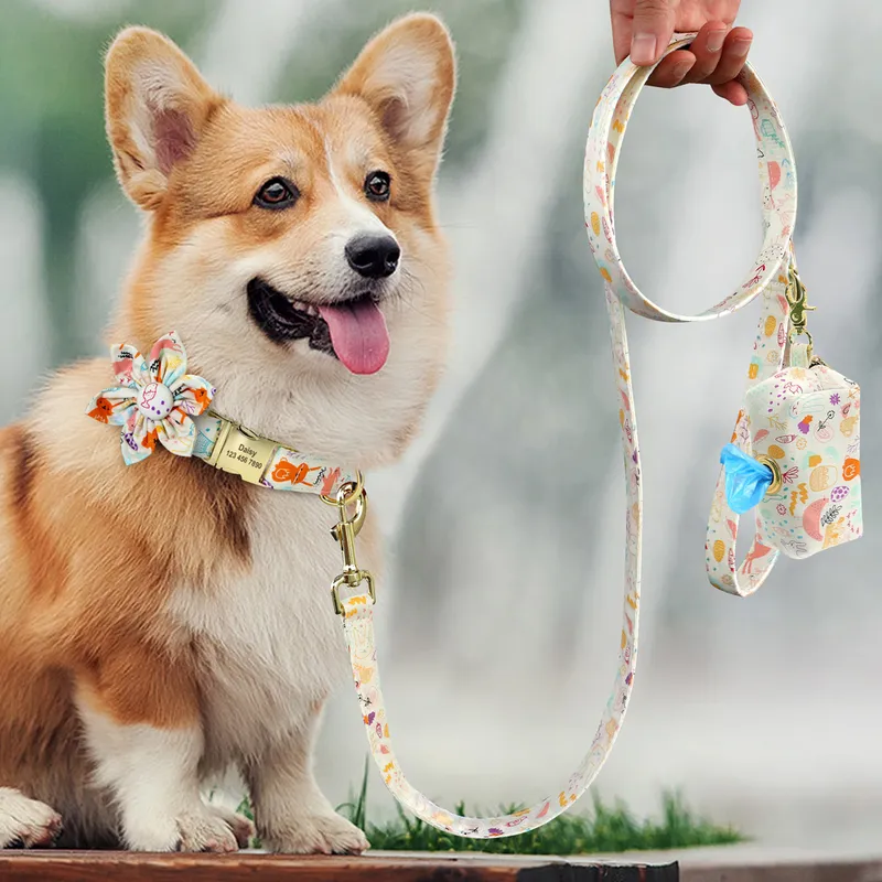 Colar de colarinho de colarinho de cachorro personalizado Conjunto de bolsas de cocô de nylon impresso colarinhos de cachorro personalizados grátis gravados com floral para cães médios pequenos 220608