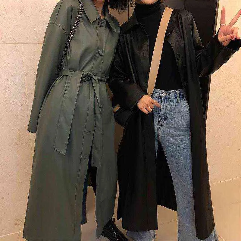 Nieuwe Koreaanse PU Trench Women Mode losse dunne lange mouwen jassen vrouw herfst Long Leather Jacket L220728