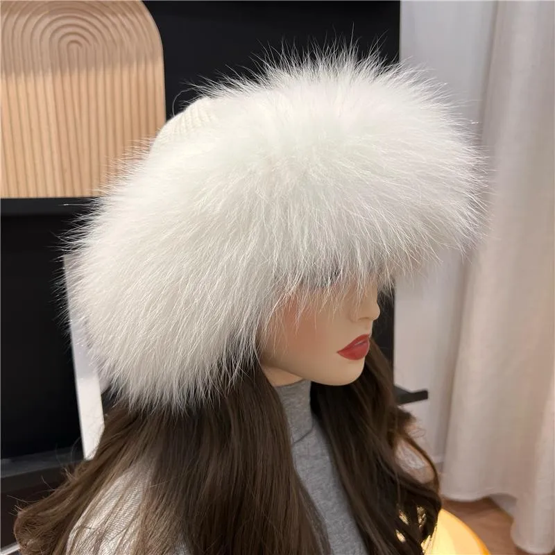 ビーニースカルキャップ女性冬の暖かい厚い帽子本物の毛​​皮トリミングガールズフラッキーキャップニットウール屋外ビーニースカルビーン185E