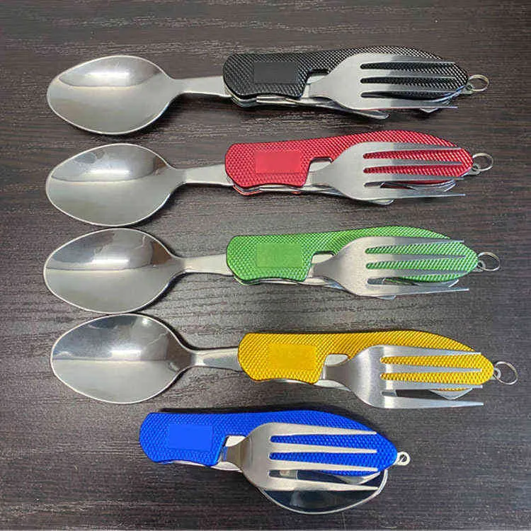 Taşınabilir takım çatal bıçak takımı Multitool Streetware gökkuşağı gereç şişesi yapabilir Spork çatal sofra piknik kamp kaşık bıçağı y220530