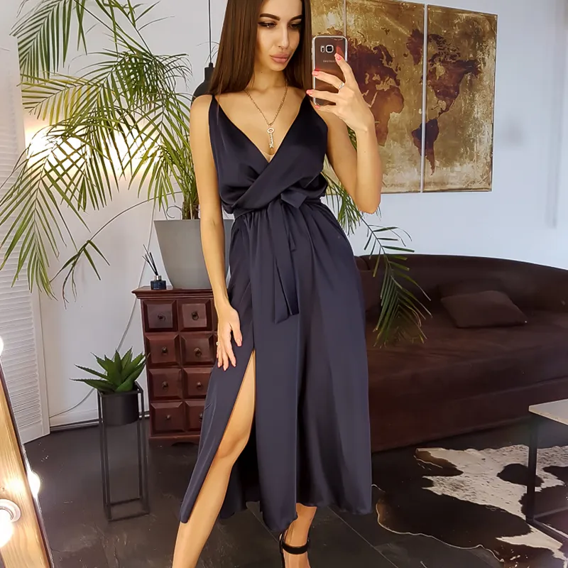 Dabourfeel Sexy Deep V-cou Spaghetti Strap Dresse Sans Manches Taille Haute Party Club Solide Couleur Long Midi 220402