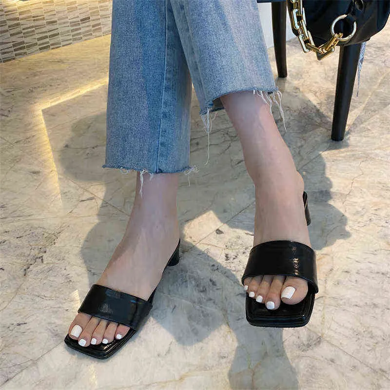 Slippers Women Sandals Open Toe Thick Low Heeled Party Pumps Solid Color Elegant Slides Mules Shoes Woman Size 35 39 220328