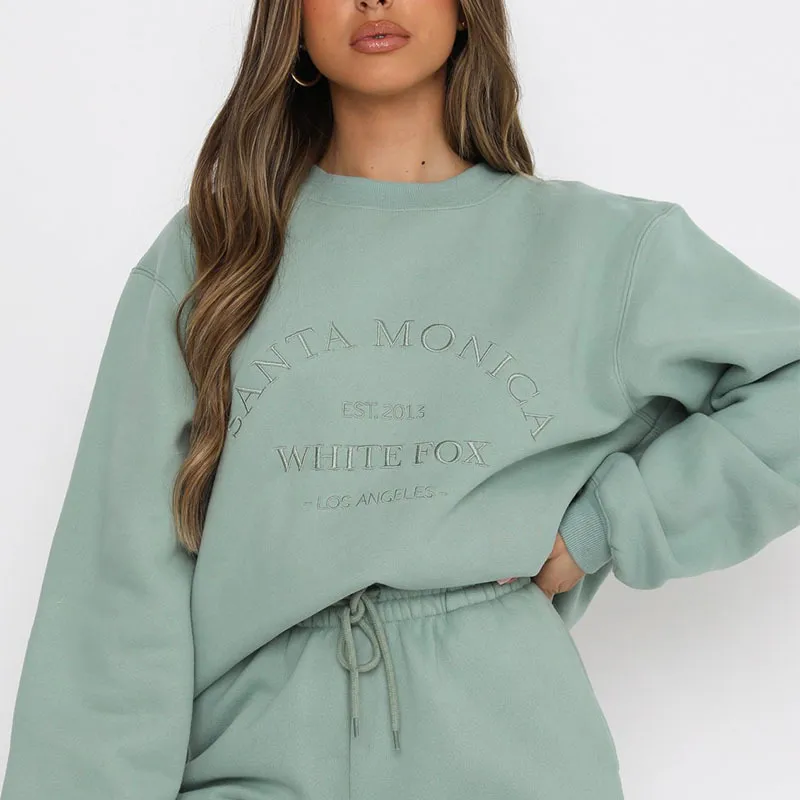 Green Vintage Letters Embroidered Crewneck Sweatshirt Women Winter Tops Oversized Girls Streetwear Korean Fashion Pullovers 220816