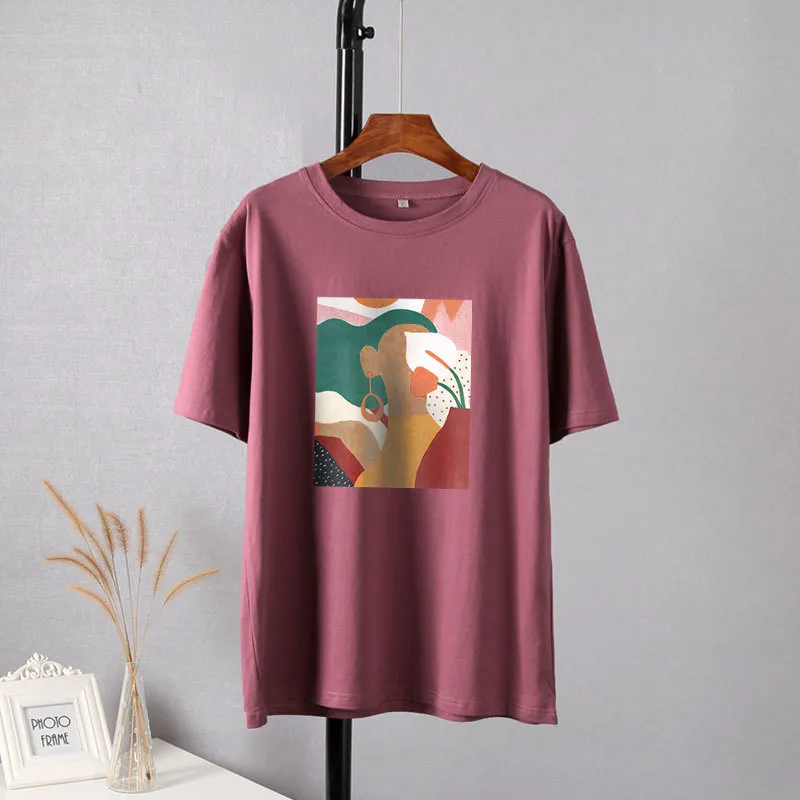 Hirsionsan Aesthetic Printed T Shirt Soft Vintage Loose Tees Abstract Graphic Cotton Tshirts Summer Casual Tops 220326