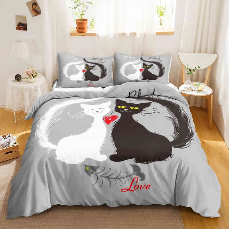 Cat Duvet Cover Set Digital Different Color Cartoon Cute Print Bedding Bedclothes Double Queen King Size Qulit