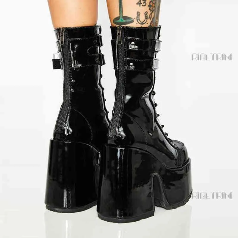 Boot Yeni Marka Lüks Tasarımcı Platformu Yüksek Topuklu Tıknaz Goth Kadın Çizmeler Lace Up Fermuar Toka Moda Punk Bayan Ayakkabı Boyutu 43 220325