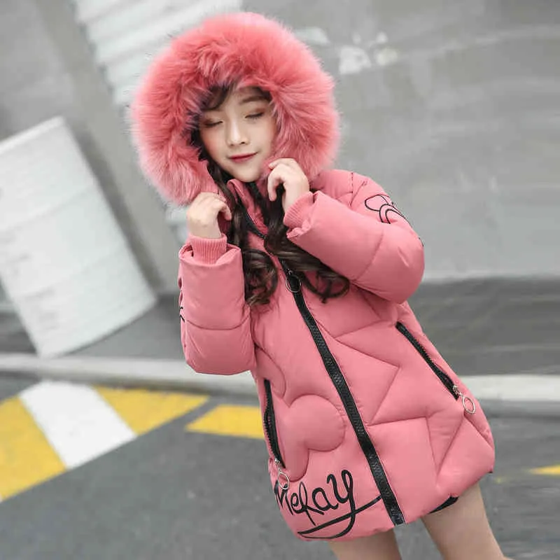 2021 New Big Size Keep Warm Winter Girls Jacket Teenager Long Style Girls Thick Windbreaker Hooded Outerwear For Girl J220718