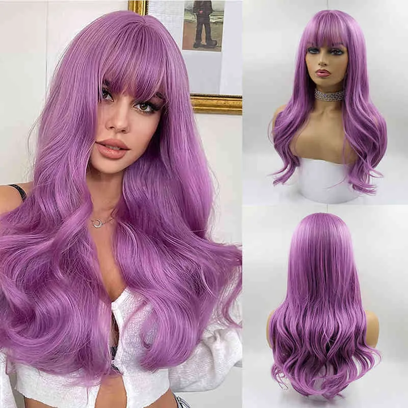 Long Purple Wig with Bangs Natural Synthetic Hair Wavy for Women Daily Party Coplay Heat Reitant Fiber Fahion 220622