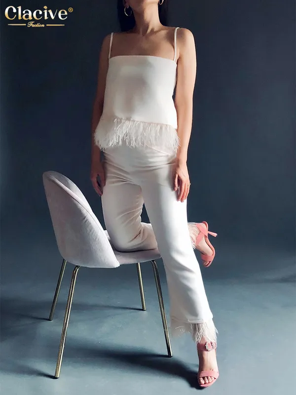 Clacive Sexy Seeveless Crop Top Set Woman 2 조각 Summer Bodycon White Feather Pants Set Lady Elegant High Waist 바지 정장 220511