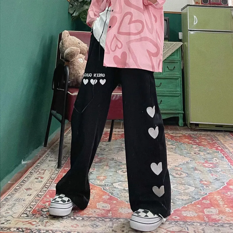 Houzhou原宿ピンクのパンツストリートウェア女性特大高腰ワイドレッグズボン刺繍審美的な緩い韓国のファッション220325