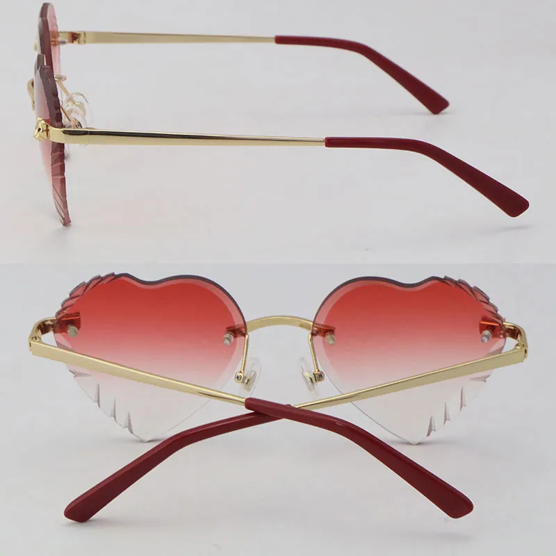 Modelo Modelo Shape Heart Face sem aro Metal Óculos de sol Women Cheetah Series Diamond Cut Lens ao ar livre dirigindo lentes vermelhas de óculos desi155v