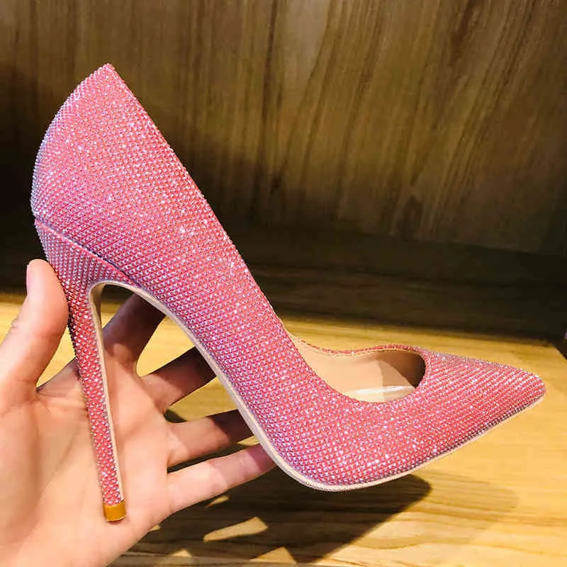 Tikicup Pink Sparkly Bling Womending High Heel Shoes 12cm 10cm 8cm 맞춤형 레이디 반짝이 펌프 드레스 플러스 크기 33-45220513