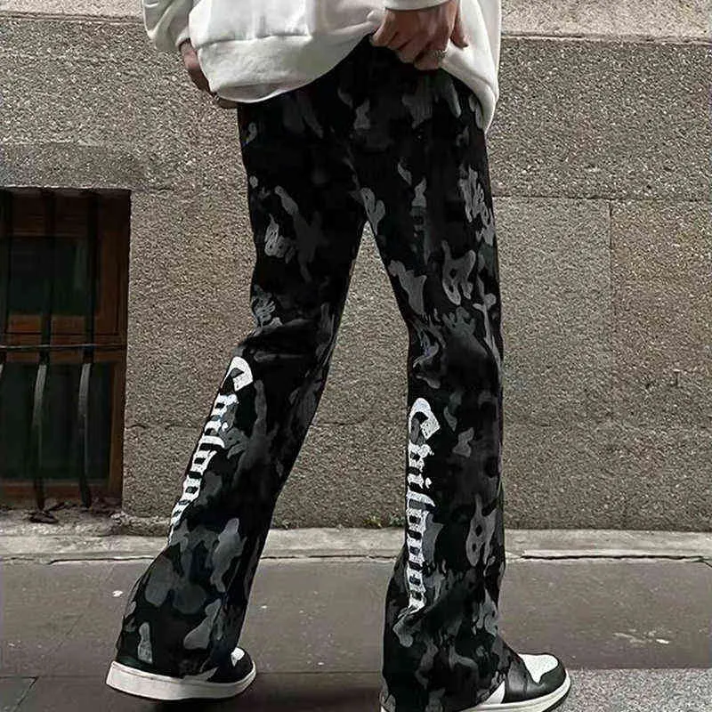 Retro Hip Hop Straight Leopard Patchwork Back Letter Casual Mens Denim Trousers Streetwear Casual Loose Harajuku Jeans Pants T220803