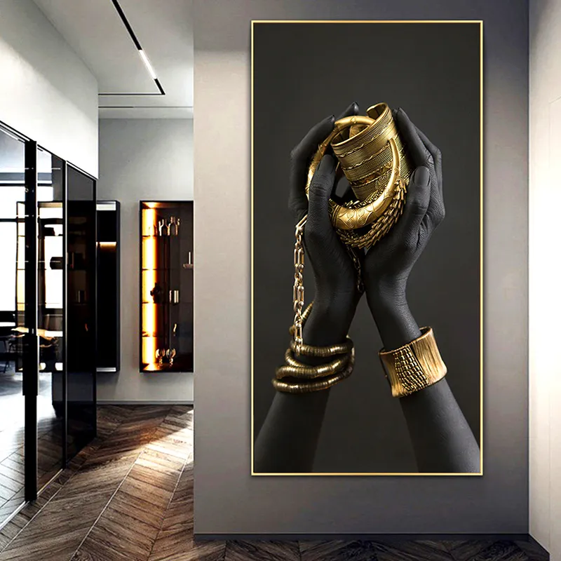 Canvas Print Black Women Hands and Gold Jewelry Poster African Art Oil Painting On the Wall Large Wall Pictures For Living Room