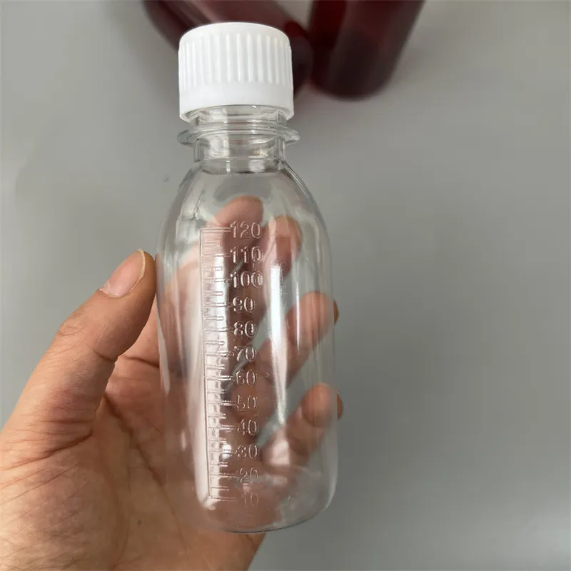 Tomma förpackningsflaskor Lean 1000 mg 120 ml infunderad sirap brun klar flaska med holografisk klistermärke blåbär vattenmelon jordgubbe limonadjuice