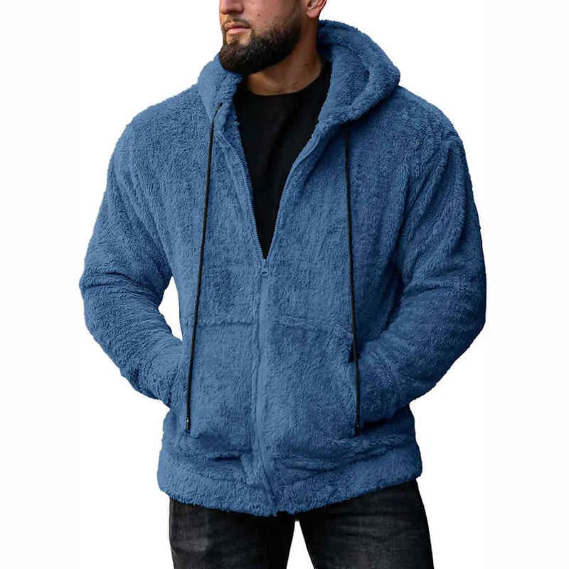 Autumn Winter Men Tops Solid Casual Drawstring Hooded Long Sleeve Pullover Zip Hoodie Lamb Plush Thick Pocket Sweatshirt G3 L220704