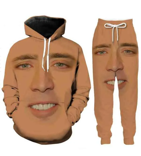 2022 Nieuwe mannen / vrouwen Casual broek Het gigantische opgeblazen gezicht van Nicolas Cage bedrukte lange sweatpants Hip Hop Broek + Hoodies A05