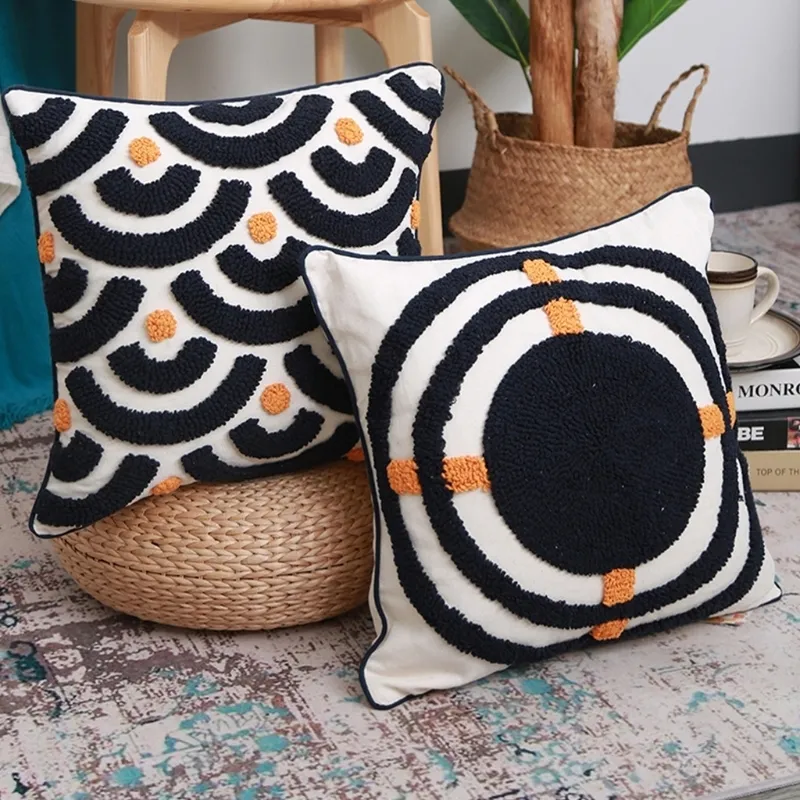 Federa cuscino trapuntata in tessuto stile etnico Boho Ricamo 3D Fodera cuscino decorativa con motivo geometrico nero arancione f CX220331316R