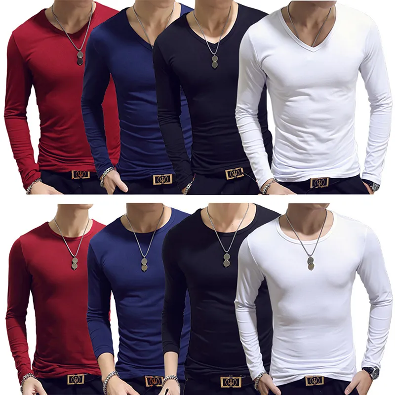 Elastic Mens T Shirt O Neck Round Neck Long Sleeve Men For Male Lycra And Cotton s Man Clothing 220714