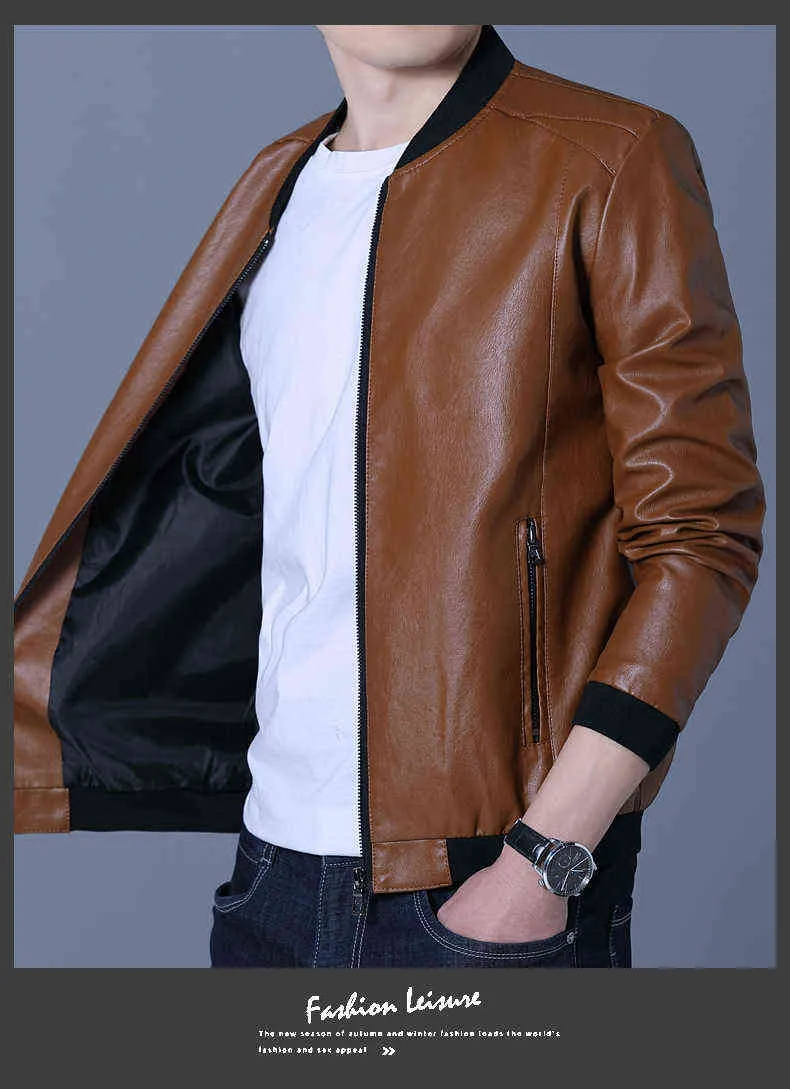 Giacca in pelle tinta unita con colletto alla coreana autunno Giacca in pelle da uomo moda giacca in pelle uomo L220801