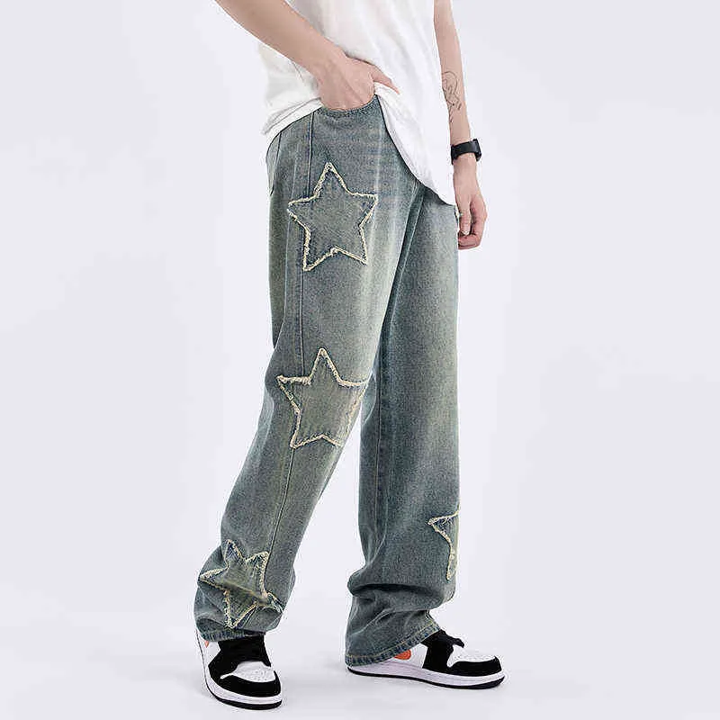Harajuku Stars Embrodiery Distressed Retro Casual Denim Trousers Straight Loose Pockets Streetwear Oversized Jeans Pants T220803