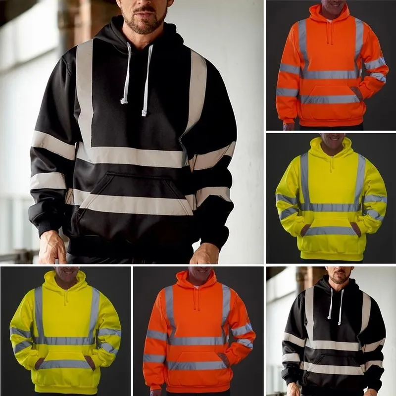 Mens Hoodies Road Work High Visibility Pullover Lange mouw Hooded Sweatshirt Tops Sportkleding Mannen Kleding Sudaderas Hombre 220402