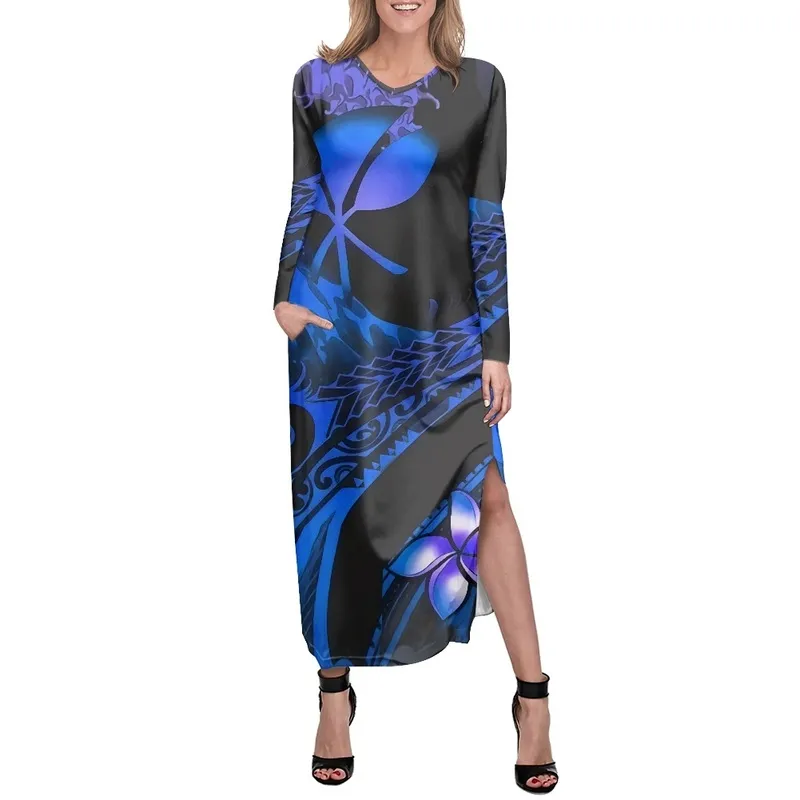 Noisydesigns vestido vermelho mulheres elegante manga longa split senhoras 4xl havaí polinésio plumeria festa de baile azul casal roupas 220627