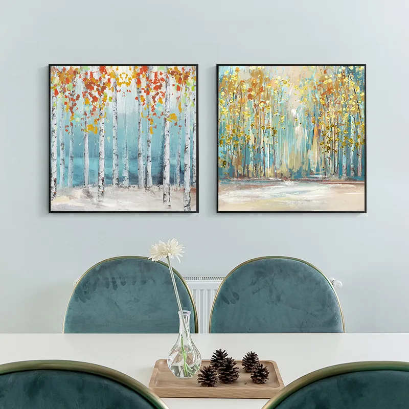 Abstrait bouleaux arbres toile peinture avec feuille d'or nordique affiches et impressions mur Art photo pour salon décoration de la maison