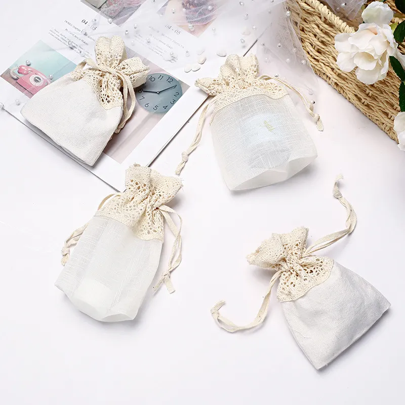 Tasche mit Kordelzug aus natürlicher Baumwolle und Spitze aus Segeltuch, Geschenkverpackung für Schmuck, kann individuell angepasst werden 220706