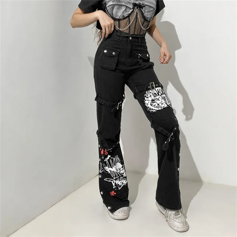 Gothic Emo Alt Cargo Techwear Hippie Jeans larghi Mom Goth Punk Pantaloni in denim nero Pantaloni Cyber Y2k Abiti scuri accademici 220811