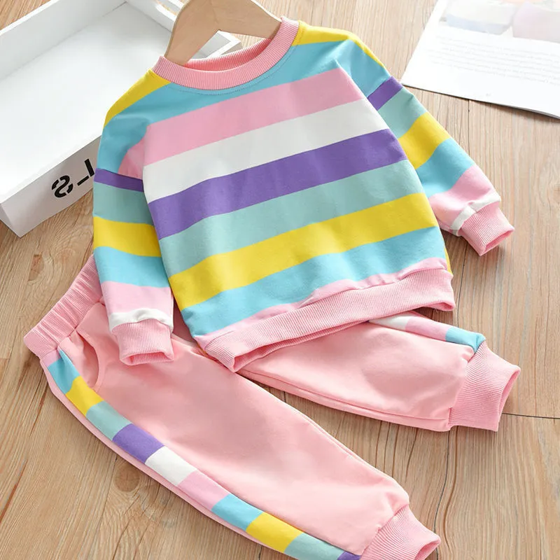 Children Girls Tracksuits Summer Casual Rainbow Clothing Sets Autumn T Shirts Pants Sport Suits Spring Clothes Set 220620