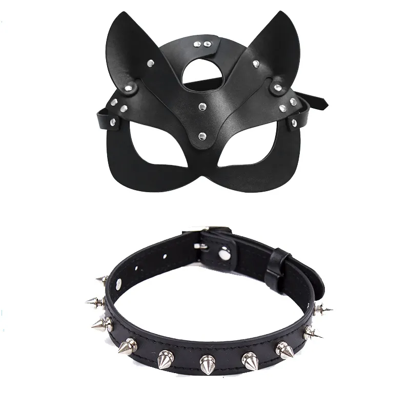Sexiga leksaker för par pu läder mask kvinnor cosplay katt bdsm fetisch halloween svarta masker med sexig halsband erotiska tillbehör