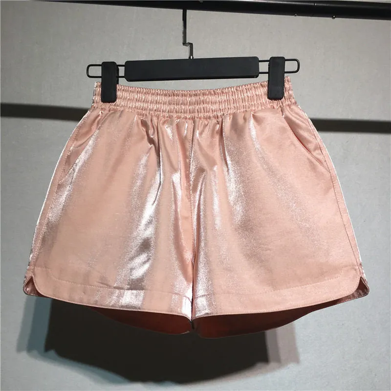 Spring Elastic High Waist Shorts Women Casual Streetwear Bright Silk Mini Poket Sexy Mujer Wide Leg Summer 220509