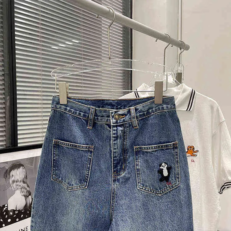 Primavera e verão super quente panda bordado calças de jeans alta pernas largas lavadas com cintura alta