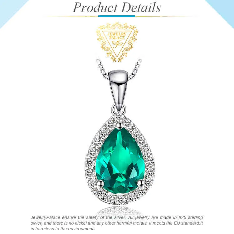 BiżuteriaPalace Pear Symulowany Nano Emerald 925 Sterling Silver Wisiorek Kamień Oświadczenie Naszyjnik Kobiety bez łańcucha