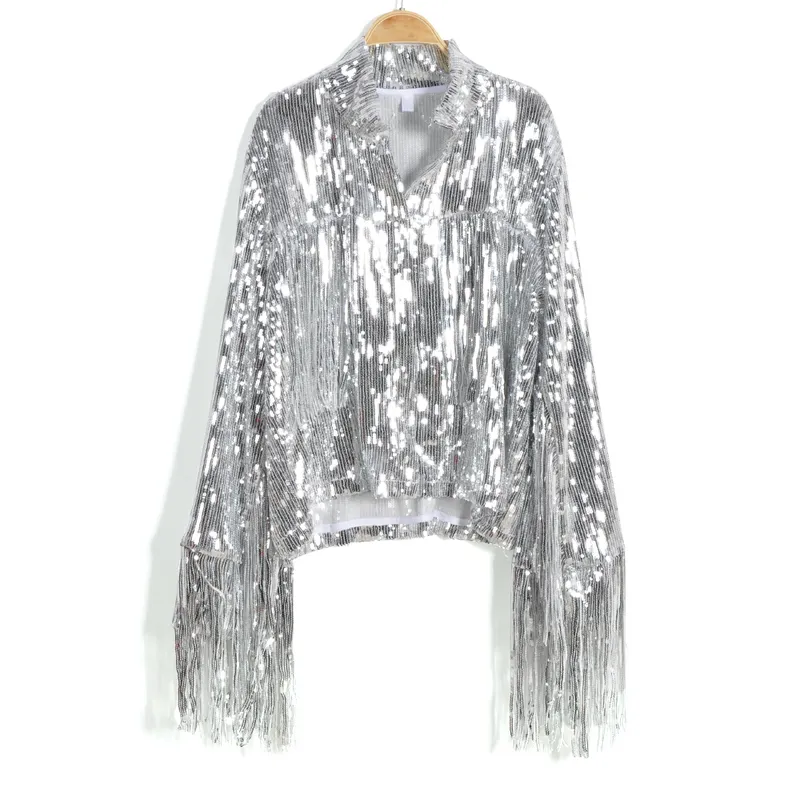 Performans Gümüş Püskül Pullu Ceket Retro Uzun Sesli Gümüş Yansıtıcı Ceket Kadın Çıkış Üstleri Sequin Ceket Kadınları 220722