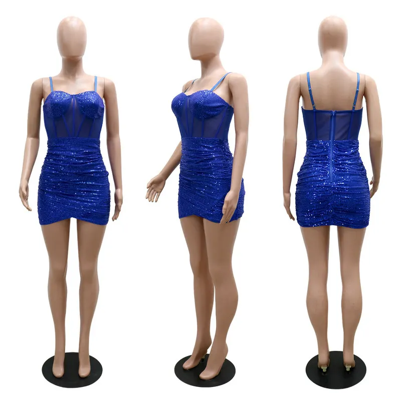 CM.YAYA Women Mini Dress Sequins Mesh See-through Strap Bodycon Dresses Sexy Night Club Party Vestidos Fashion Clothing Summer 220516