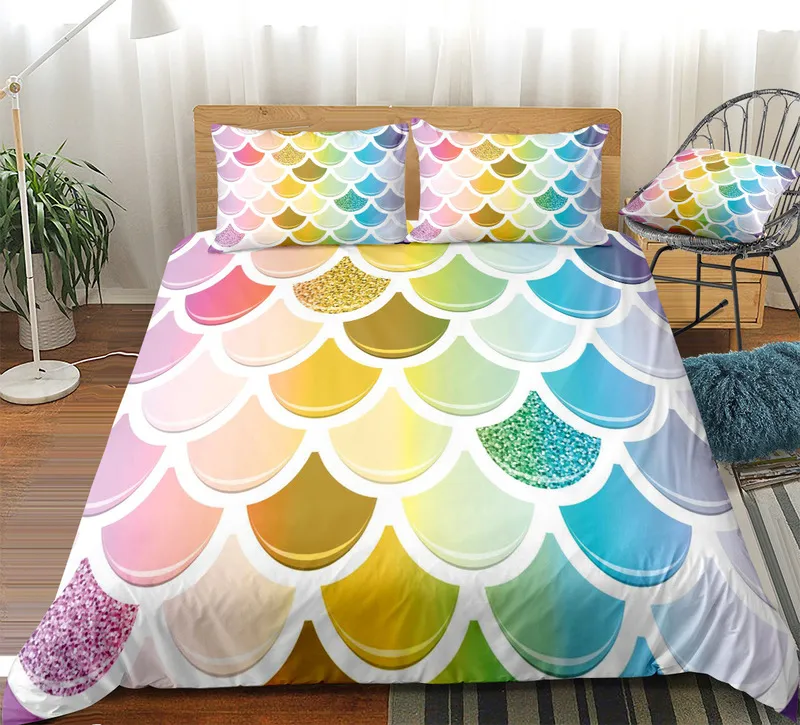 sjöjungfru skalor sängkläder set 3st Fish Scales Däcke Cover Set Colorful Quilt Cover Queen Bed Set 220531