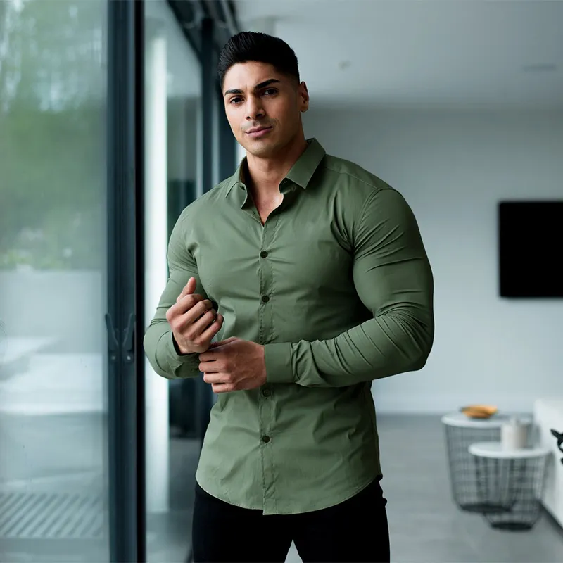 Fashion Casual long Sleeve Solid Super Slim Fit Male Social Business Dress Shirt Brand Men Fitness Sports Clothing 220811