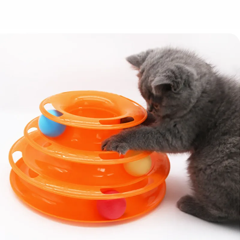 Cat Puzzle Toy Level 3 Wheel Interactive Play Plate Pet Cat Toy Training Track Ball Rotary Table Space Tower 220510