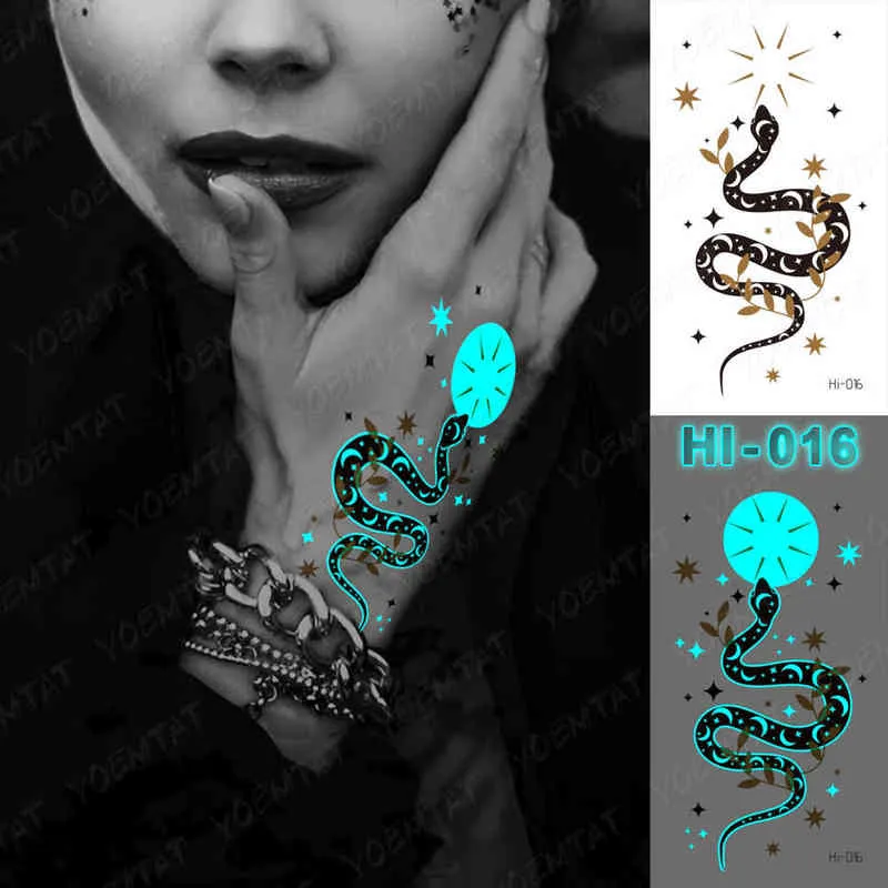NXY 임시 문신 블루 빛나는 광선 스티커 DEER 빛나는 뱀 방수 TATOO 손목 시체 아트 여성용 가짜 문신 0330