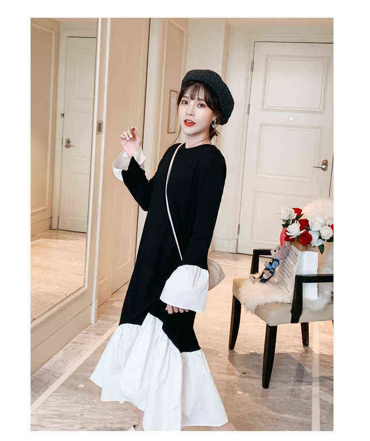 Winter Loose Long Sleeves Maternity Dress Black White Patchwork Pregnant Woman Irregular Cotton Dress Ruffle Pregnancy Dress J220628