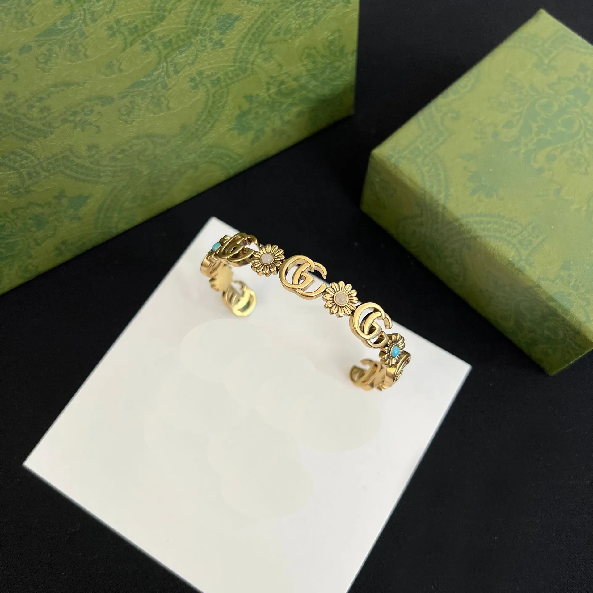 Alta qualidade designer de bronze aberto pulseiras corrente cristal marca luxo carta flor cobre pulseira das mulheres dos homens pulseira l231u