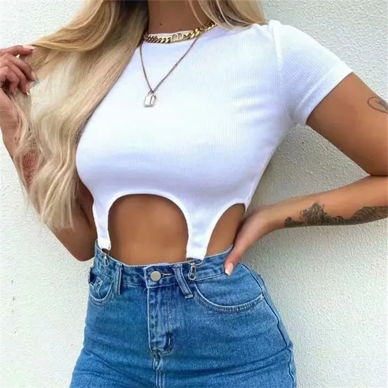 Tunic Chic Korean Autumn Tops Sexy Crop Women T-Shirts Solid Female Crop Tops Ribbed T Shirt for Women Knitted Tees Tops G2846 220510