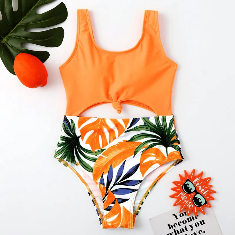 Tropical Girl Swimsuit Kids Children's Swimwear Cut-Out Knot Girls Bathing Suit Monokini 7-14 Years Swimming Bodysuit 220426