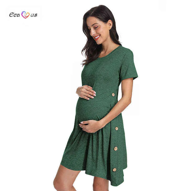 Kvinnors korta ärm t-shirt moderskapsklänning avslappnad sväng lös tunic moderskapskläder knapp asymmetrisk gravid klänning G220309